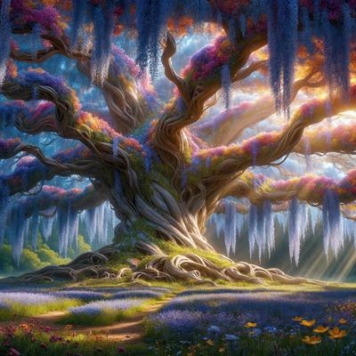 The primary subject of the image is a large, colorful tree with a massive trunk and many branches. The tree is surrounded by a lush, green forest, and it appears to be a digital art or illustration. The colors in the image are vibrant and create a sense of wonder and magic. The visual style of the image is unique and captivating, making it an interesting and memorable scene.